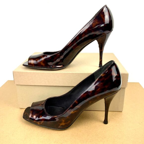 Stuart Weitzman Brown Patent Leather Tortoise Shell Peep Toe Pumps Size 9.5M - Picture 14 of 16